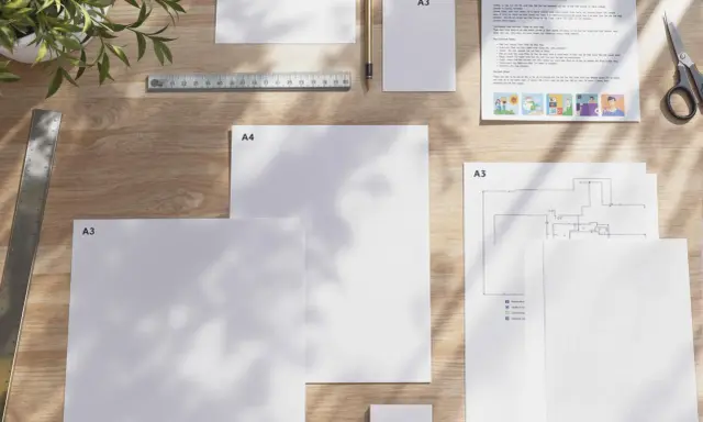 Na drewnianym biurku leżą kartki papieru w formatach A4 i A3, linijka, ołówek i nożyczki. Jedna z kartek ma nadrukowany tekst i ilustracje, przypominając materiały do druku w rozmiarze papieru letter.