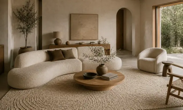 Ett lugnt, minimalistiskt hem med en böljande soffa, en rund soffbord och en fåtölj i bouclé. Naturliga material och jordnära färger skapar en harmonisk atmosfär.