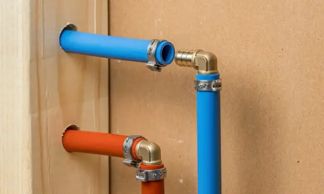 Instalacja hydrauliczna z rurami PEX. Widoczne zaciskanie PEX na złączkach, niebieska i pomarańczowa rura wychodząca z drewnianej belki.