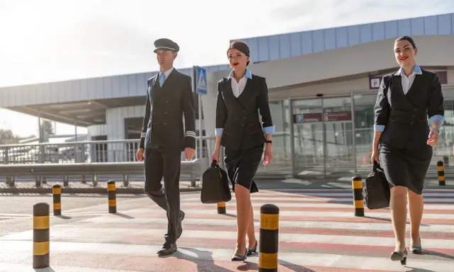 Pilot i dwie stewardessy idą przez pasy na lotnisku w Czarnogórze.