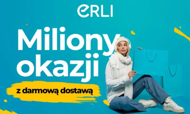 Erli co to? Miliony okazji z darmową dostawą. Młoda kobieta w zimowym stroju siedzi z torbami na zakupy.