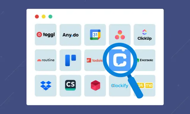 Loupe sur des icônes d'applications pour l'organisation de la vie quotidienne : Toggl, Any.do, ClickUp, Evernote, Dropbox, etc.