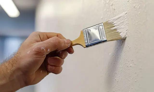 Mano aplicando pintura blanca con brocha, creando texturas. Descubre trucos para pintar paredes con efectos únicos.