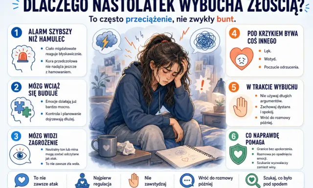 Dziewięciolatek nie radzi sobie z emocjami. Jego mózg reaguje błyskawicznie, a kora przedczołowa nie nadąża z hamowaniem. To często przeciążenie, nie bunt.