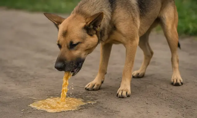 Smutny pies wymiotuje żółtą cieczą. Widać, że jest mu bardzo źle.