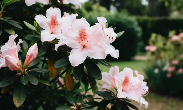 Magnifique floraison d'azalées roses pâles, leurs pétales délicats s'ouvrant sur un jardin verdoyant.