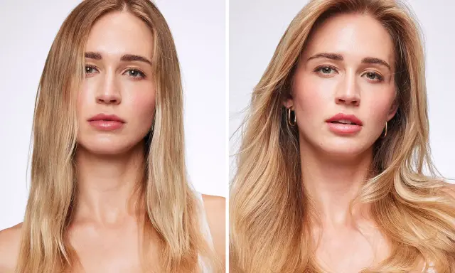 Avant/après : des cheveux lisses et plats deviennent volumineux et texturisés. Le produit donne un effet texturiser cheveux incroyable.