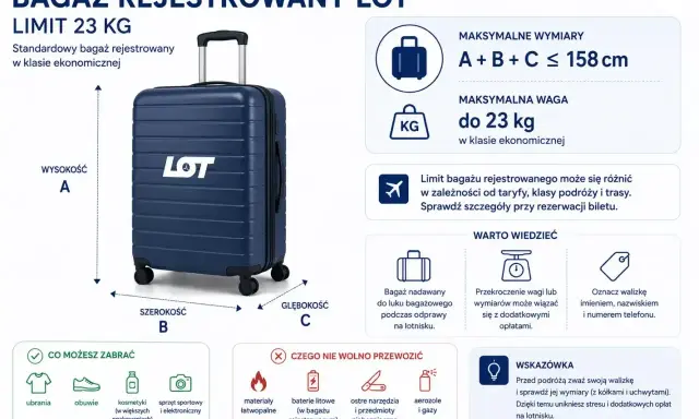 Granatowy **plecak jako bagaż rejestrowany** LOT, limit 23 kg, wymiary A+B+C ≤ 158 cm. Informacje o tym, co można i czego nie wolno przewozić.