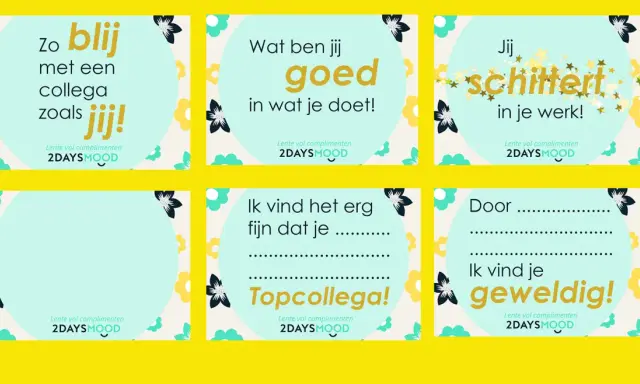 Gratis complimentenkaartjes downloaden met teksten als 'Zo blij met een collega zoals jij!' en 'Jij schittert in je werk!'.