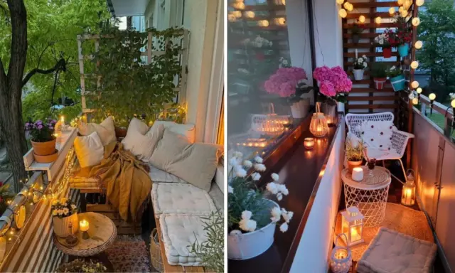 Ambiance cosy sur un balcon : coussins moelleux, plaid douillet, guirlandes lumineuses et bougies pour une déco été à faire soi-même.