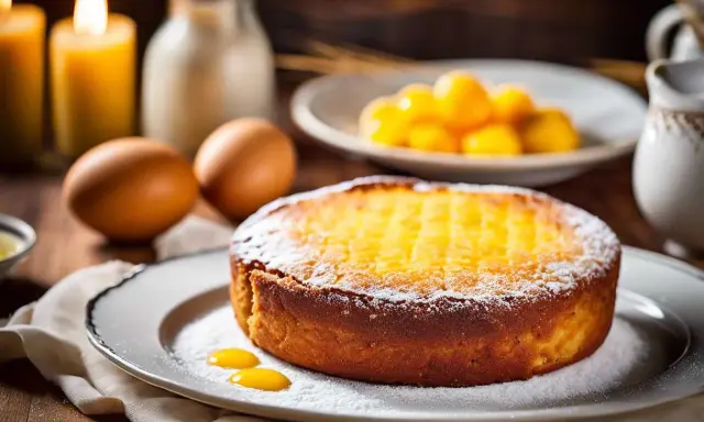 Un délicieux gâteau basque, saupoudré de sucre glace, prêt à être dégusté. La recette parfaite pour un goûter gourmand.