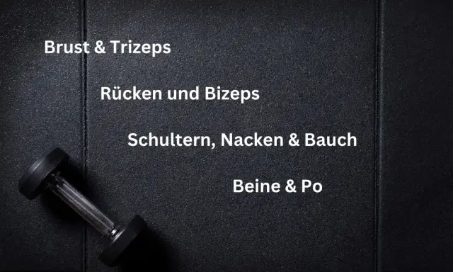 Ein Hantel liegt auf schwarzem Untergrund. Text zeigt einen 4er split trainingsplan: Brust & Trizeps, Rücken und Bizeps, Schultern, Nacken & Bauch, Beine & Po.