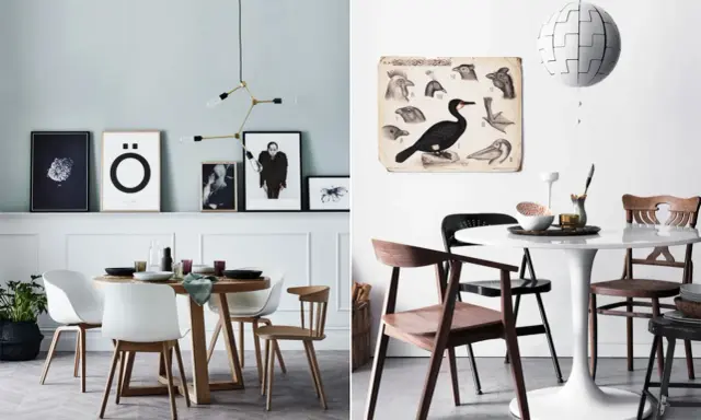 Två moderna matplatser hemma hos inredningsarkitekten. En med runt träbord och vita stolar, den andra med vitt tulipbord och blandade stolar.