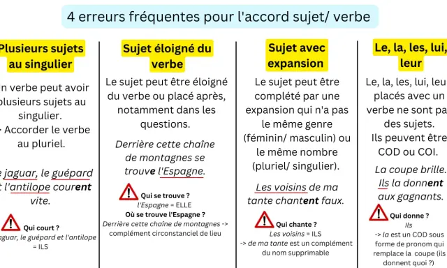 Guide sur l'accord sujet/verbe : plusieurs sujets singuliers, sujet éloigné, sujet avec expansion, et l'utilisation de pronoms comme "ils". Aide à l'abattre conjugaison.