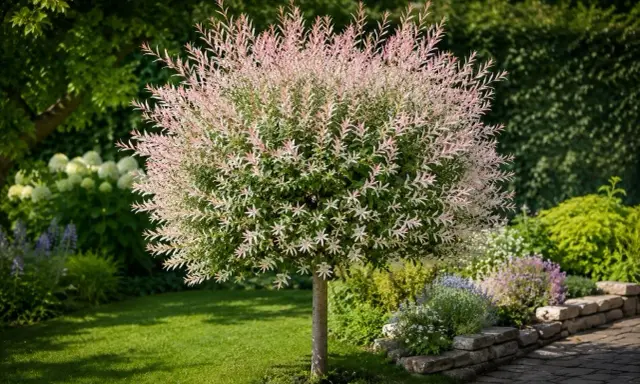 Un saule crevette aux feuilles roses et vertes, taillé en boule, trône dans un jardin verdoyant avec une pelouse bien entretenue.