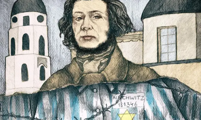 Wajdelota w pasiastej koszuli z numerem obozu Auschwitz i gwiazdą Dawida, na tle budynków przypominających kościoły.