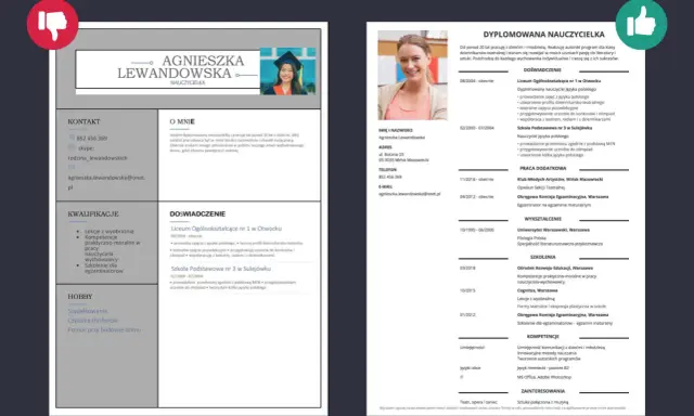 Zdjęcie przedstawia fragmenty dwóch CV: jedno z lewej strony z danymi kontaktowymi i kwalifikacjami, drugie z prawej z danymi osobowymi, doświadczeniem i wykształceniem.