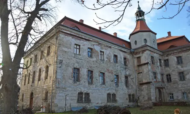 Zniszczony zamek w Ząbkowicach Śląskich z wieżą i czerwonym dachem, otoczony drzewami.
