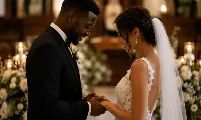 Novios tomados de la mano, inspirados por poemas para bodas, sonríen en un altar decorado con flores y velas.