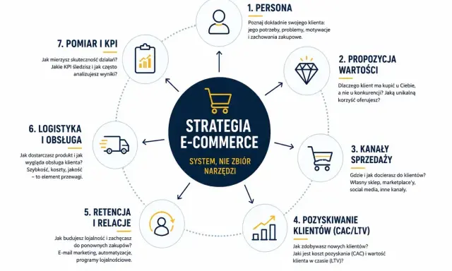 Schemat strategii e-commerce: poznaj klienta, propozycję wartości, kanały sprzedaży, pozyskiwanie i retencję klientów, logistykę, pomiar KPI. Jak zacząć e-commerce?