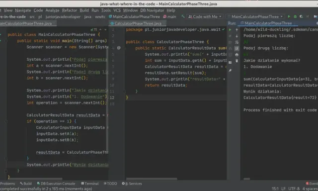 Java kod kalkulatora, gdzie obiekt `CalculatorResultData` przechowuje wynik dodawania dwóch liczb.