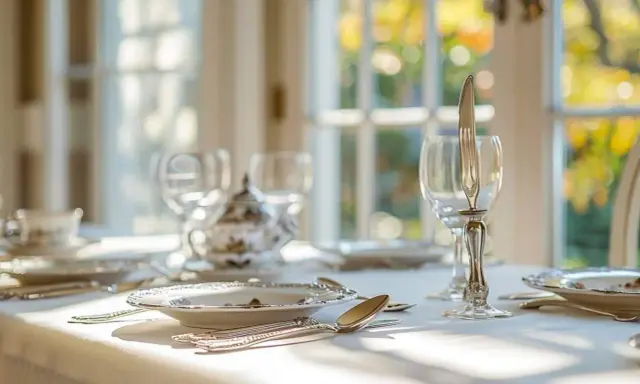 Une table dressée avec élégance, des verres et une théière en porcelaine. Le couteau est posé sur le verre, une astuce pour savoir comment poser les couverts après le repas.