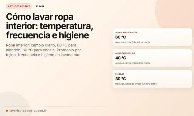 Guía para el programa lavadora ropa interior: 60°C para algodón blanco, 40°C para algodón color y 30°C para encaje.