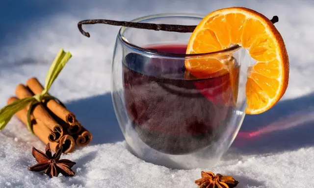 Grzane wino z pomarańczą, laską wanilii, cynamonem i anyżem na śniegu.