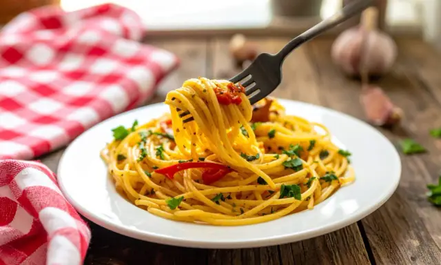 Un piatto di spaghetti alla carrettiera fumanti, conditi con pomodoro, aglio e prezzemolo, pronti per essere gustati.