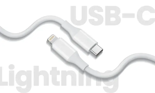 Biały kabel z dwoma różnymi rodzajami złącz: Lightning i USB-C.