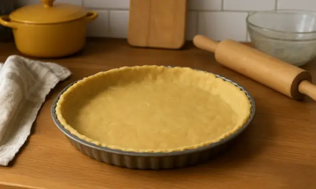 Une pâte brisée sans beurre, prête à être garnie, repose dans un moule à tarte. Un rouleau à pâtisserie et une serviette sont à proximité.