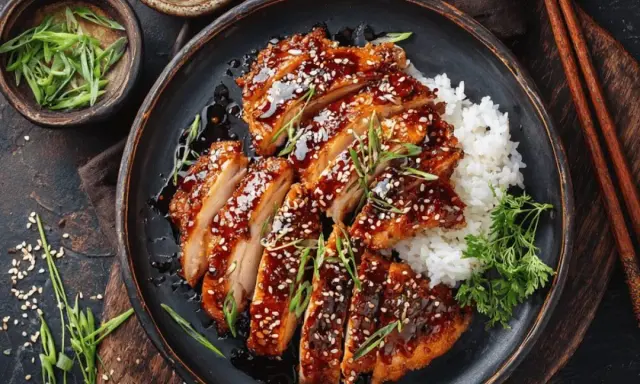 Saftiges Hähnchen Teriyaki, glasiert und mit Sesam bestreut, serviert mit Reis und Frühlingszwiebeln.