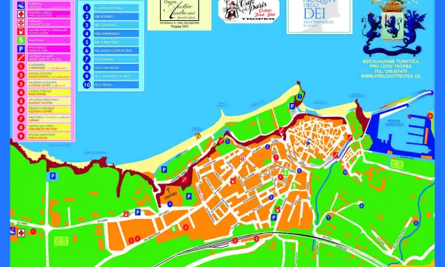 Mappa di Vibo Valentia Tropea con indicazioni per servizi pubblici, chiese, ristoranti e porto turistico.