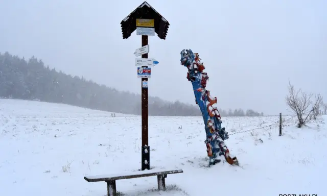 Zimowy dzień, tabliczka z drogowskazami i kolorowa rzeźba. Może to skopiec najkrótszy szlak?