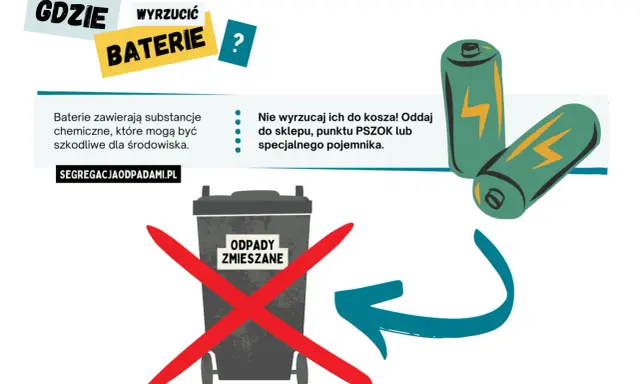 Gdzie wyrzucić baterie? Nie do kosza! Oddaj do sklepu, PSZOK lub specjalnego pojemnika. Akumulatory i baterie zawierają szkodliwe substancje.