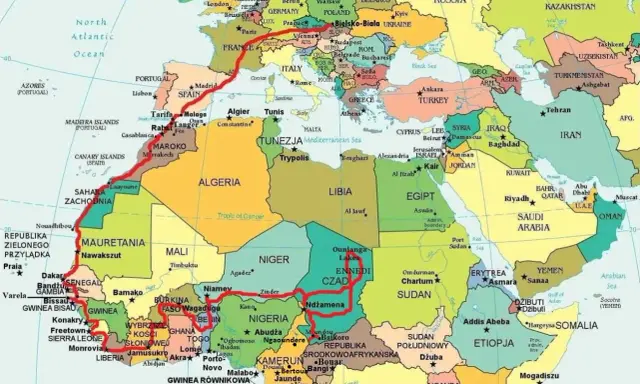 Trasa podróży przez Afrykę i Bliski Wschód, zaznaczona na mapie. Widoczna jest **kamerun mapa** z zaznaczonymi miastami i granicami państw.