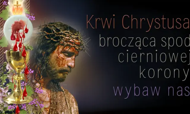 Obraz przedstawia cierniem ukoronowanego Jezusa, kielich z krwią i napis "Krwi Chrystusa, brocząca spod cierniowej korony, wybaw nas". Symbolizuje akt zawierzenia Jezusowi.