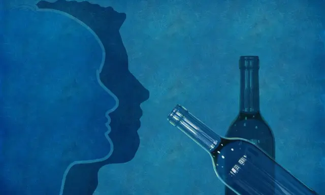 Dwie sylwetki ludzkie patrzą na siebie. Obok butelki, symbolizujące alkohol, którego nie wolno jeść przy esperalu.