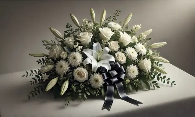 Elegancki bukiet na pogrzeb z białych róż, lilii i chryzantem, ozdobiony granatową wstęgą.