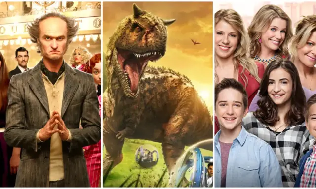 Montaje de series para niños de 10 a 12 años: un villano siniestro, un dinosaurio rugiente y un grupo de sonrientes adolescentes.