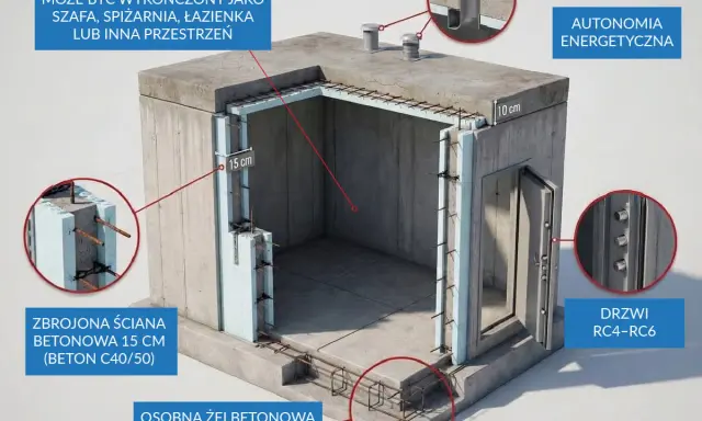 Schemat pokazuje, jak zbudować schron z żelbetową ławą, zbrojonymi ścianami i drzwiami RC4-RC6. W środku może być panic room.