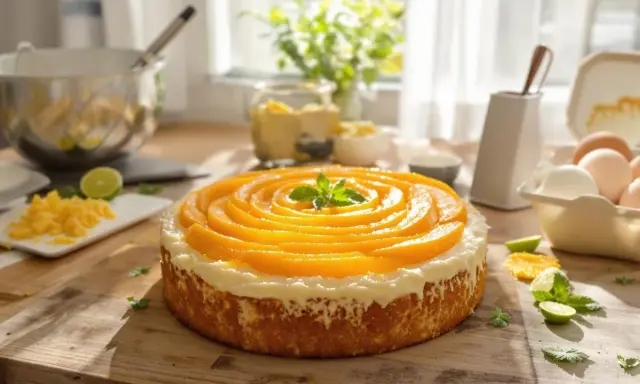 Gâteau sans farine de blé, décoré de rondelles de pêche disposées en spirale et d'une touche de menthe. Des ingrédients comme des œufs et des citrons verts sont visibles sur la table.