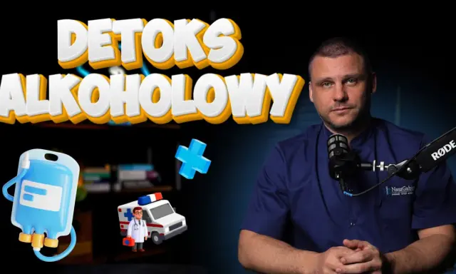 Lekarz wyjaśnia, jak wyjść z ciągu alkoholowego. W tle grafiki: kroplówka, karetka, niebieski krzyż.