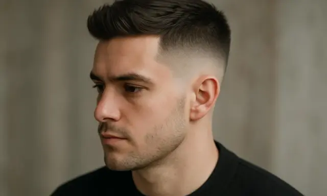 Homme avec des cheveux épais, coiffure dégradée moderne.