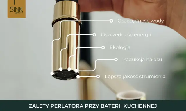 Złoty perlator przy baterii kuchennej. To co to jest perlator? Oszczędza wodę, energię, jest ekologiczny, redukuje hałas i poprawia strumień.