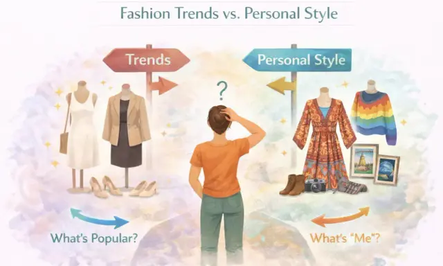 A person ponders how to find your style, choosing between fashion trends and personal style.