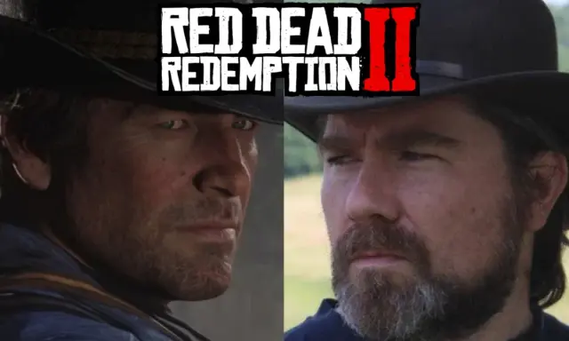Dwóch mężczyzn w kapeluszach, jeden to Arthur Morgan z gry Red Dead Redemption 2, drugi to jego prawdziwy odpowiednik.