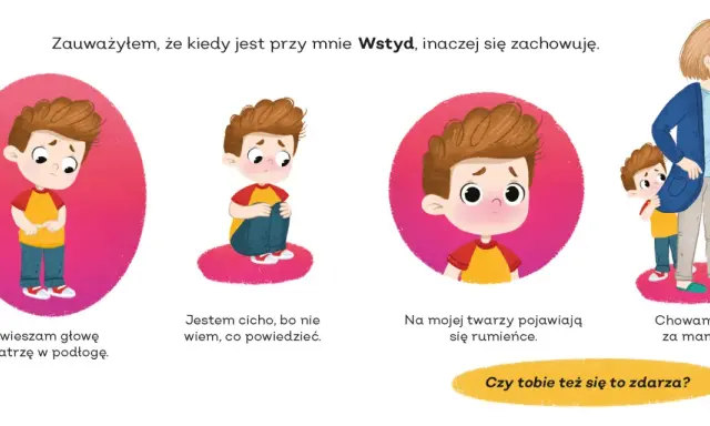 Chłopiec czuje wstyd: spuszcza głowę, milczy, rumieni się, chowa za mamą. Czy tobie też się to zdarza?