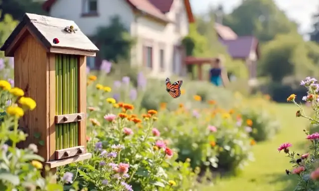 Maisonnette en bois pour insectes auxiliaires, avec un papillon monarque volant au-dessus d'un jardin fleuri.