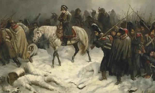 Napoleon in Deutschland: Soldaten im Schnee, ein Reiter auf einem weißen Pferd, im Hintergrund eine marschierende Armee.